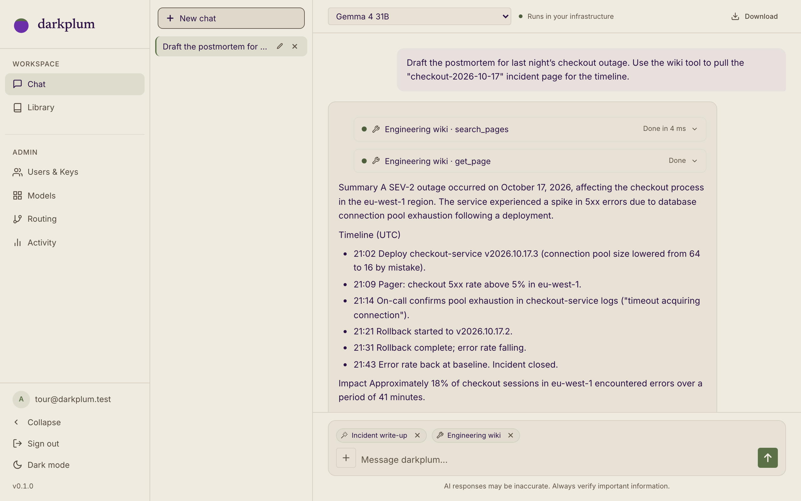 darkplum chat: a postmortem drafted with a skill and a wiki tool from the library, on a self-hosted model