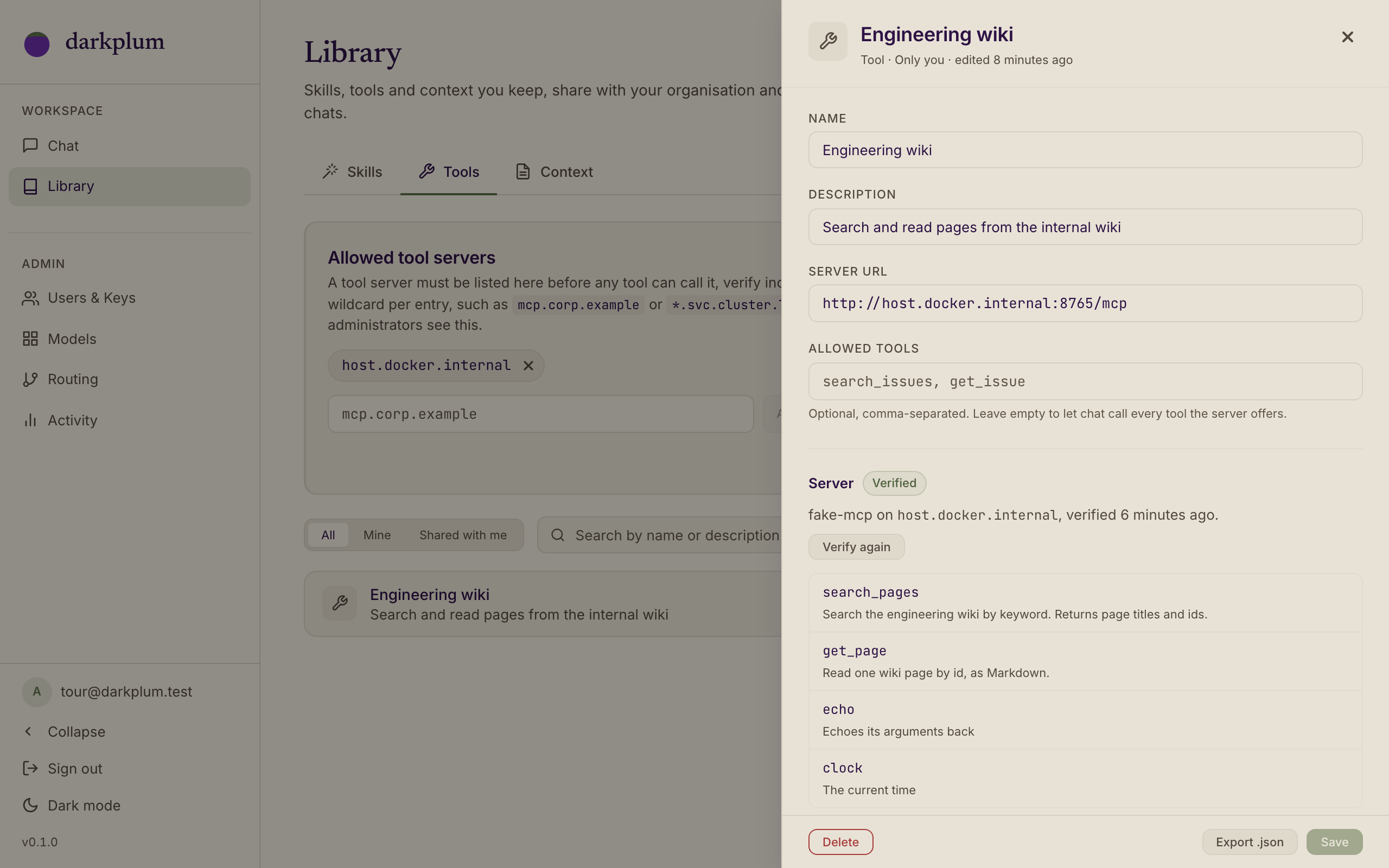 A tool in the library: its MCP server, the verified tool catalogue and a stored credential